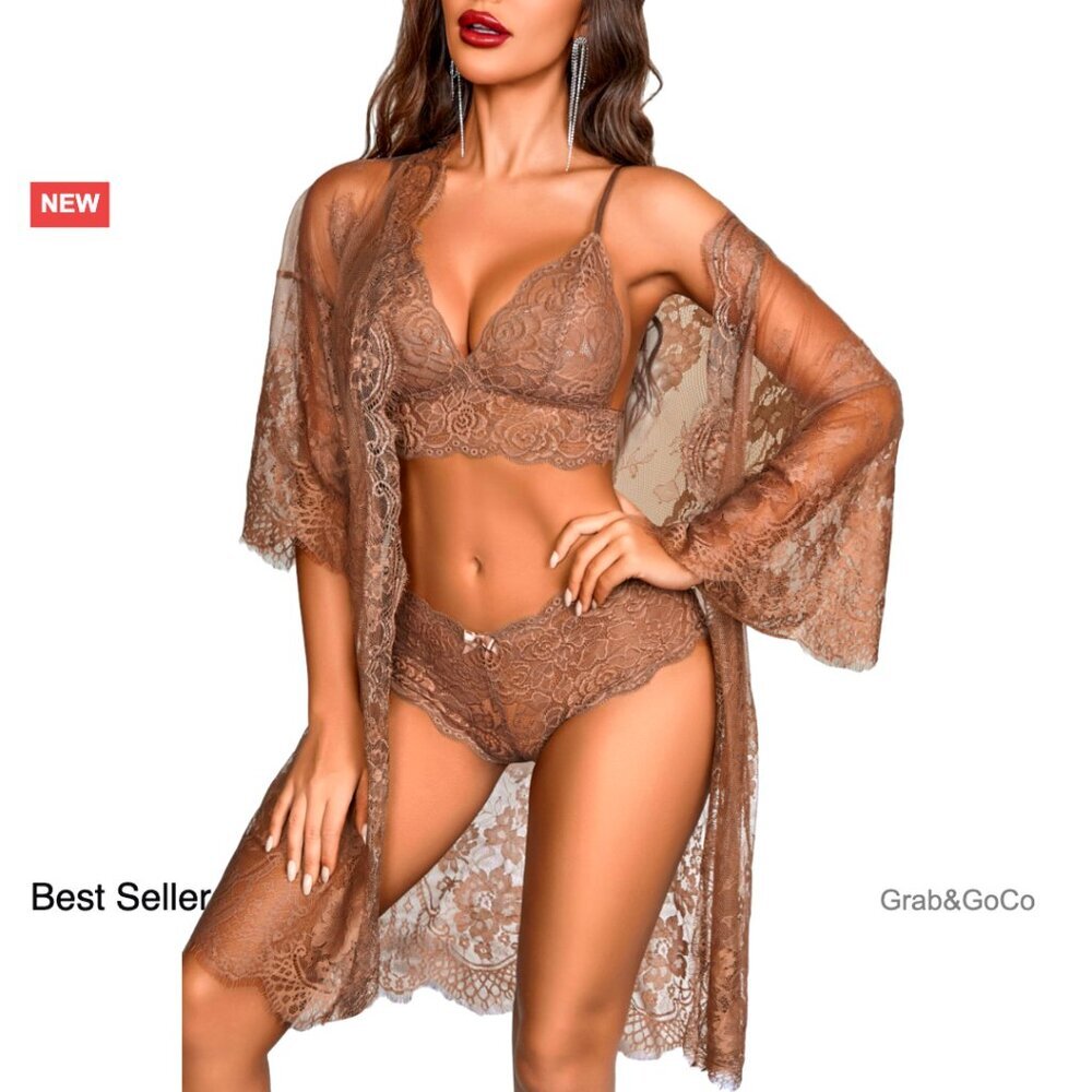 Floral Lace Lingerie Set With Mesh Robe Elegant Sleepwear Adjustable Strap